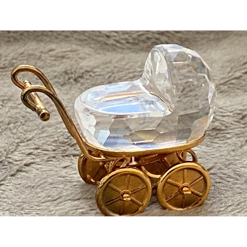 Swarovski Crystal Memories Gold Plated Mini Baby Carriage Pram Stroller Figurine